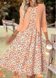 Modlily Orange Ditsy Floral Print Long Sleeve Dress and Cardigan - S
