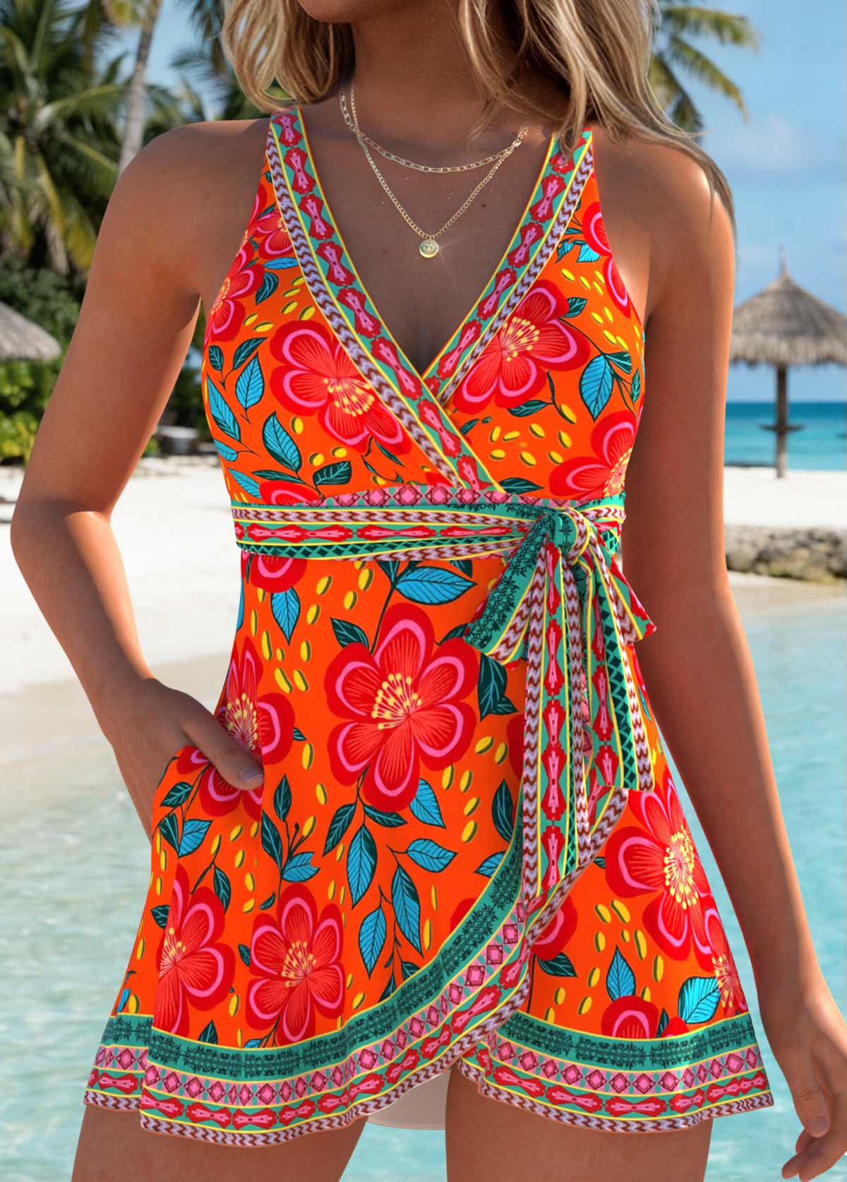 Modlily Orange Layered Floral Print One Piece Swimdress - S