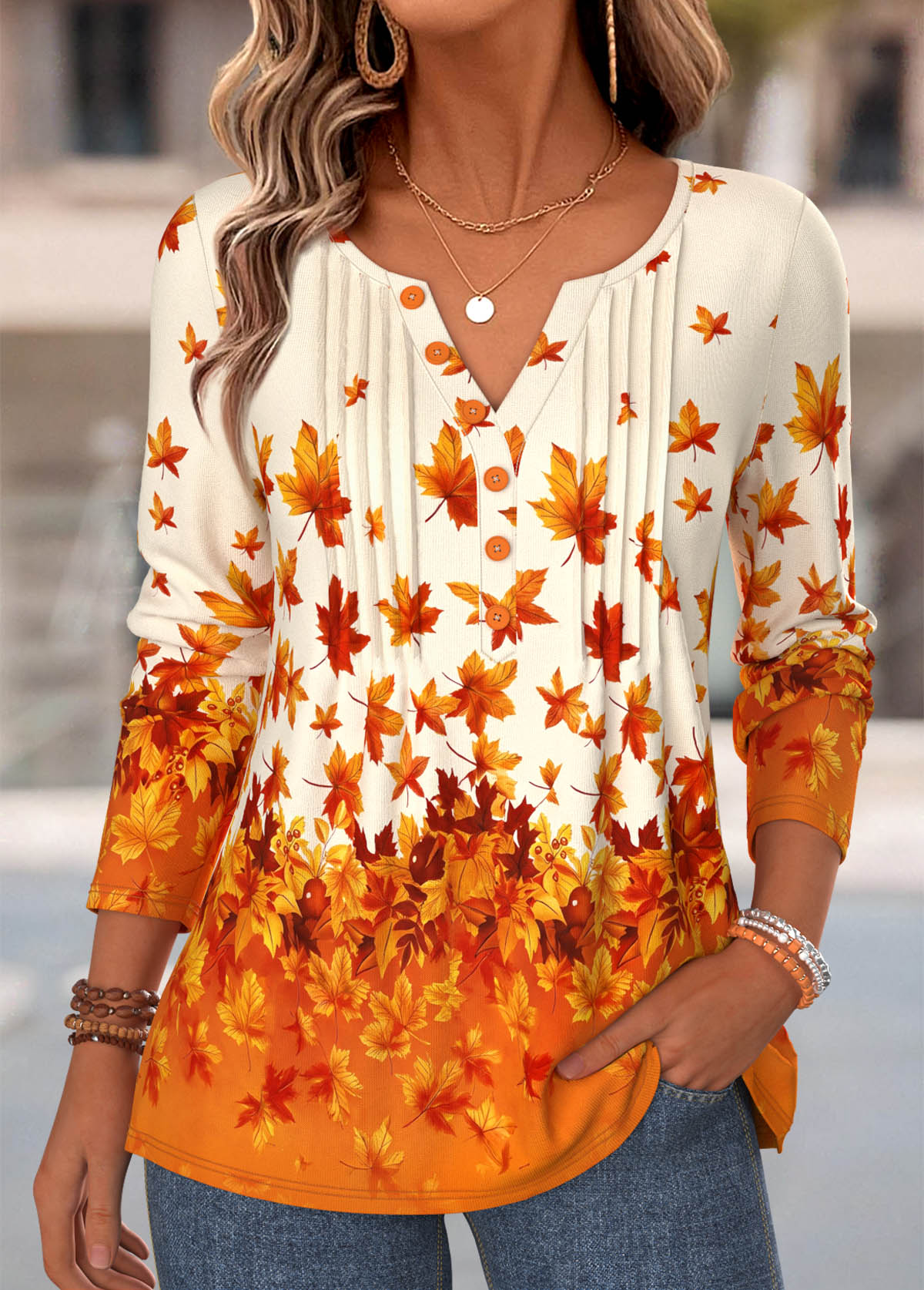 Modlily Orange Leaf Print Tuck Stitch Long Sleeve T Shirt - S