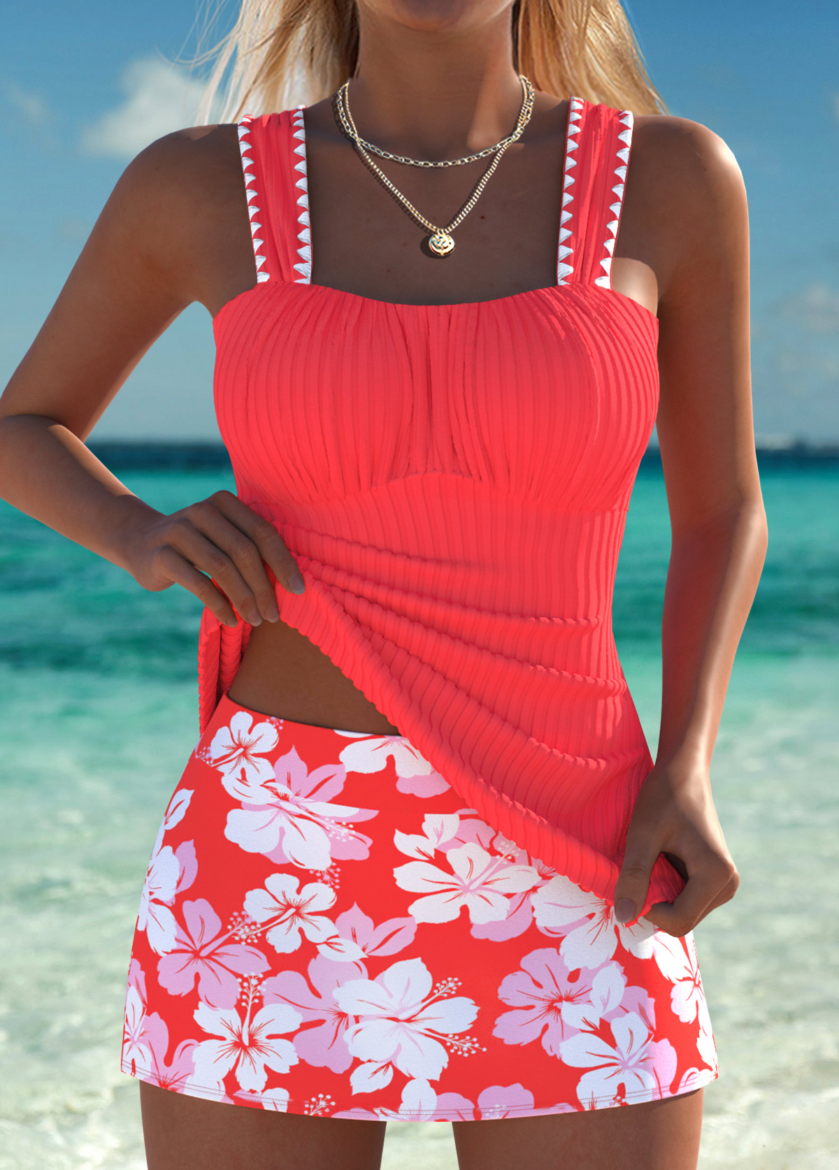 Modlily Orange Mid Waisted Ruched Floral Print Tankini Set - S