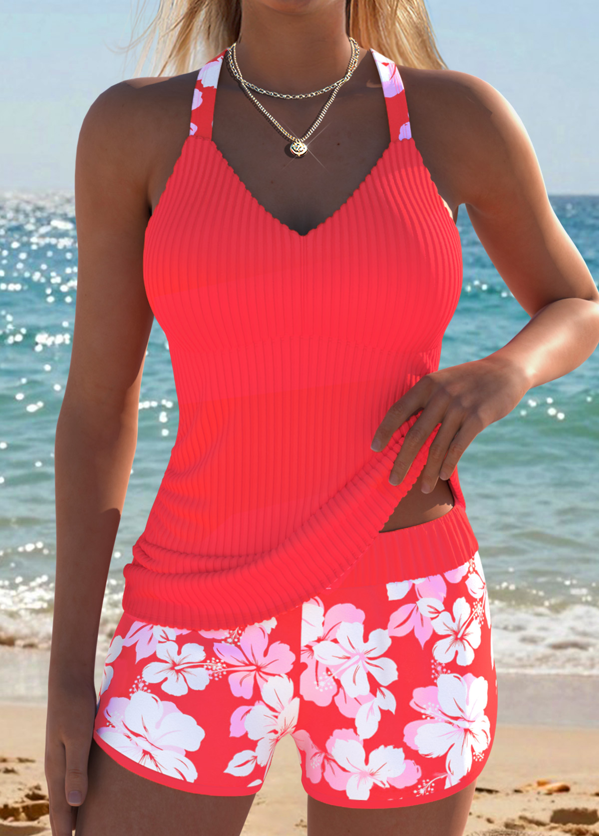 Modlily Orange Mid Waisted Two-piece Floral Print Tankini Set - S