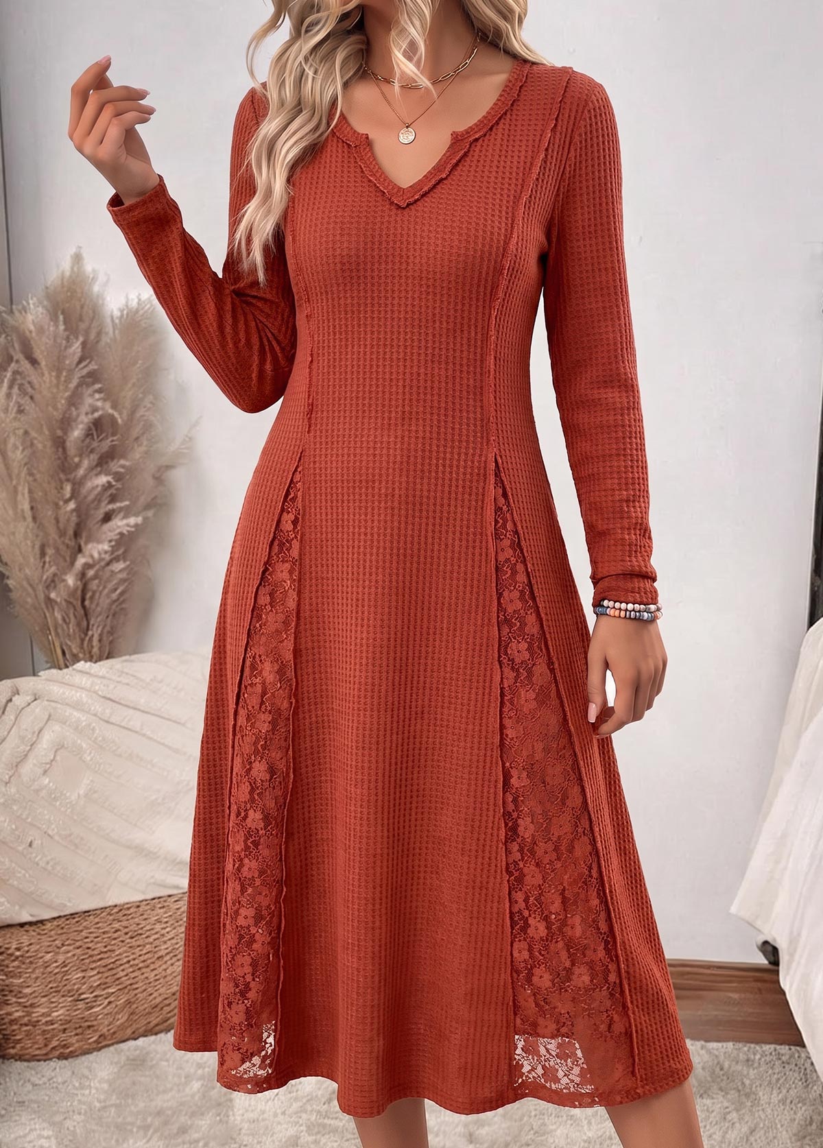 Modlily Orange Patchwork Long Sleeve Split Neck Dress - M
