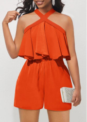 Modlily Orange Ruffle Short Sleeveless Cross Collar Romper - XXL