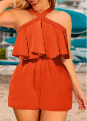 Modlily Orange Ruffle Short Sleeveless Cross Collar Straight Leg Romper - 2X