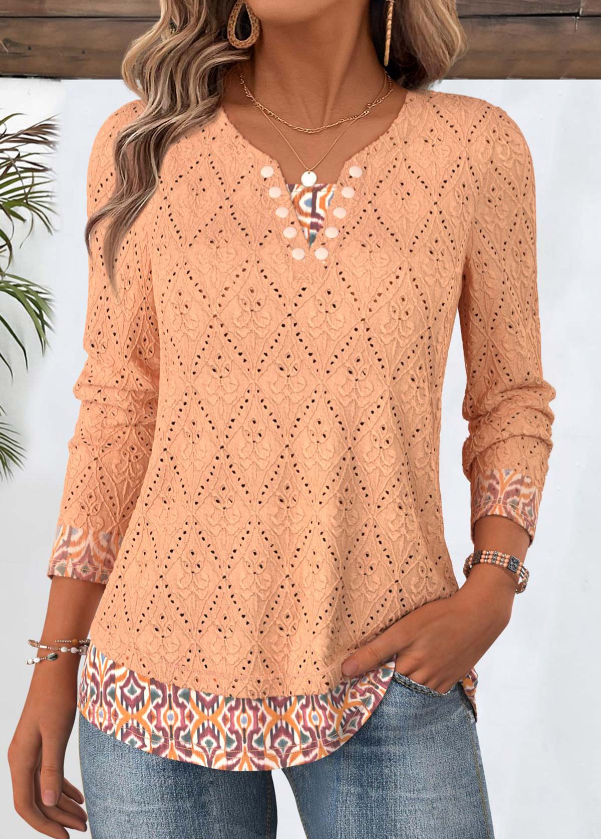 Modlily Orange Tribal Print Long Sleeve Split Neck T Shirt - M