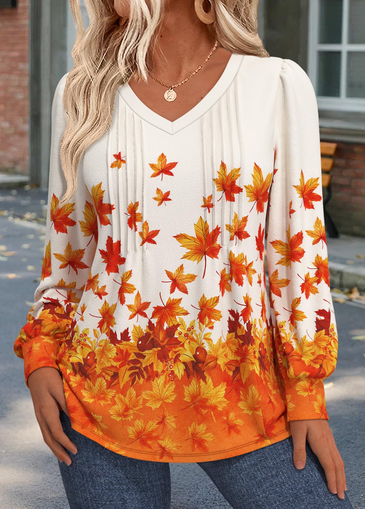 Modlily Orange Tuck Stitch Leaf Print Long Sleeve T Shirt - S