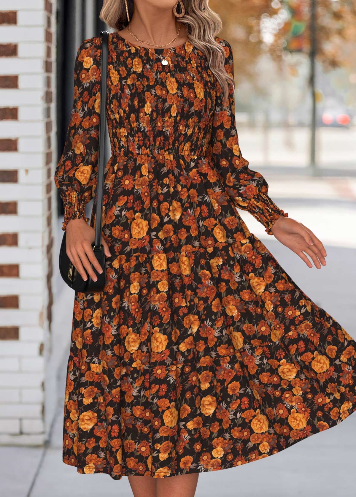 Modlily Orange Tummy Coverage Floral Print Long Sleeve Dress - M