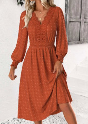 Modlily Orange Tummy Coverage Long Sleeve V Neck Dress - M