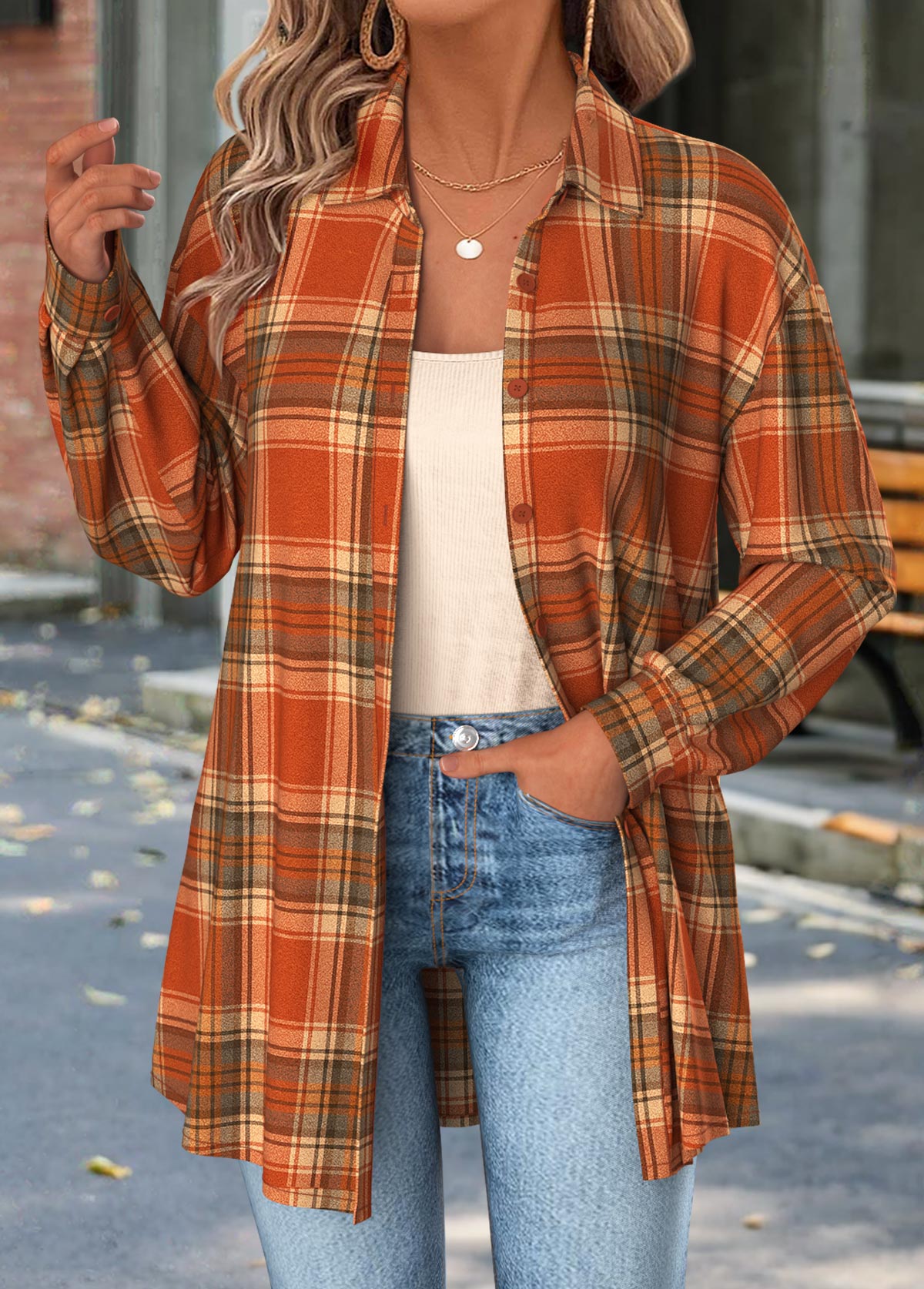 Modlily Orange Tummy Coverage Plaid Long Sleeve Shirt - S
