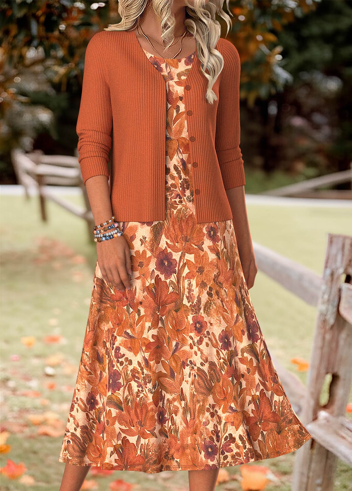 Modlily Orange Tummy Coverage Random Floral Print Dress and Cardigan - S