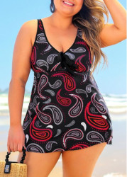 Modlily Paisley Print Cross Strap Plus Size Black Swimdress Top - 1X