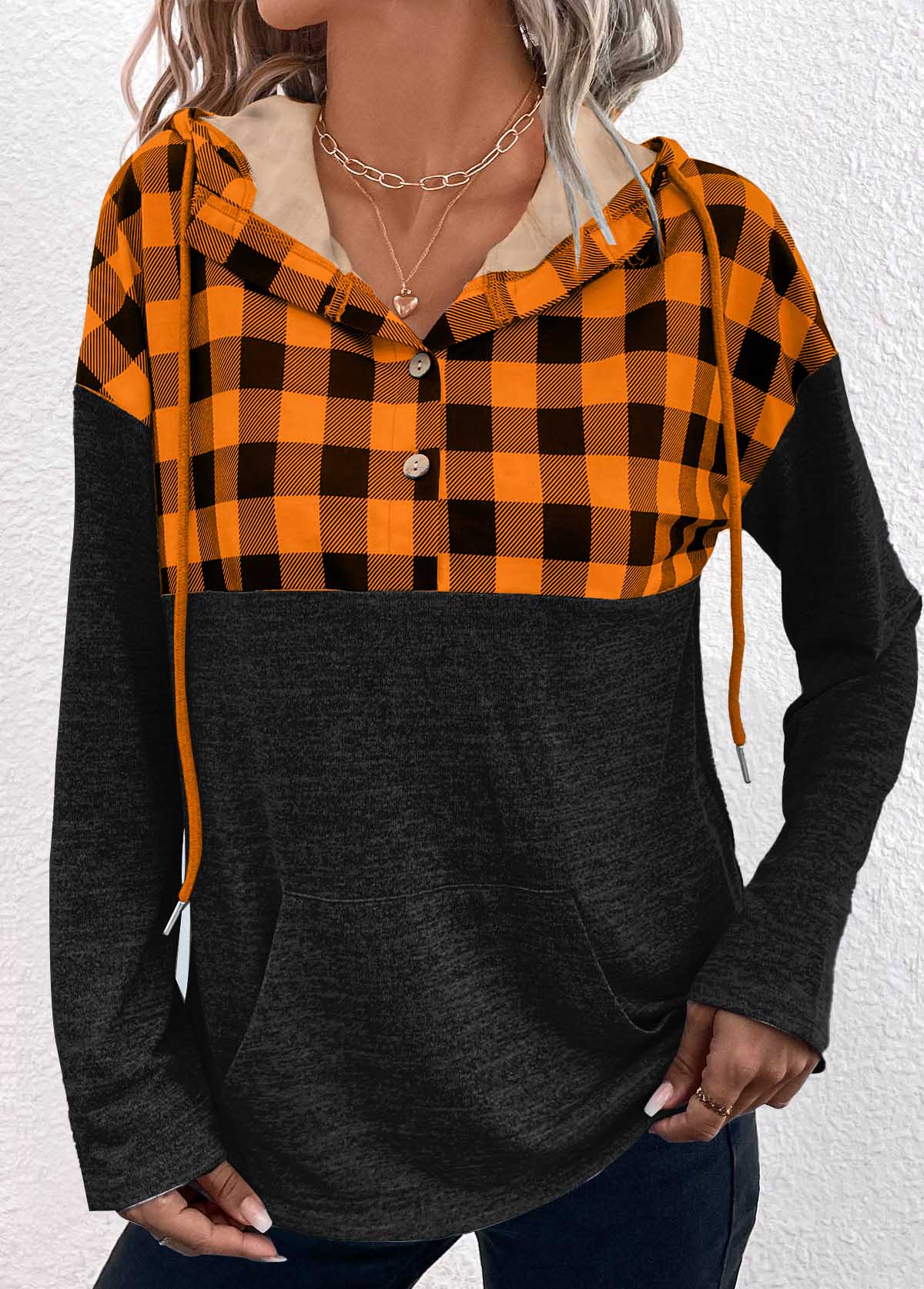 Modlily Patchwork Black Pocket Long Sleeve Hoodie - XXL