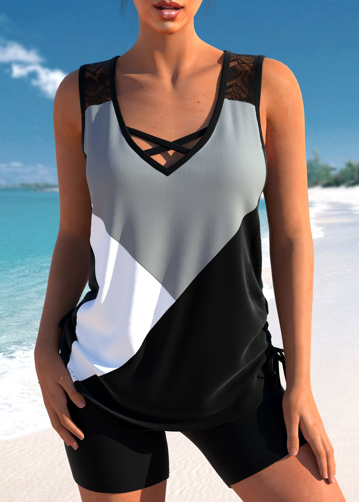 Modlily Patchwork Criss Cross Black Tankini Top - S