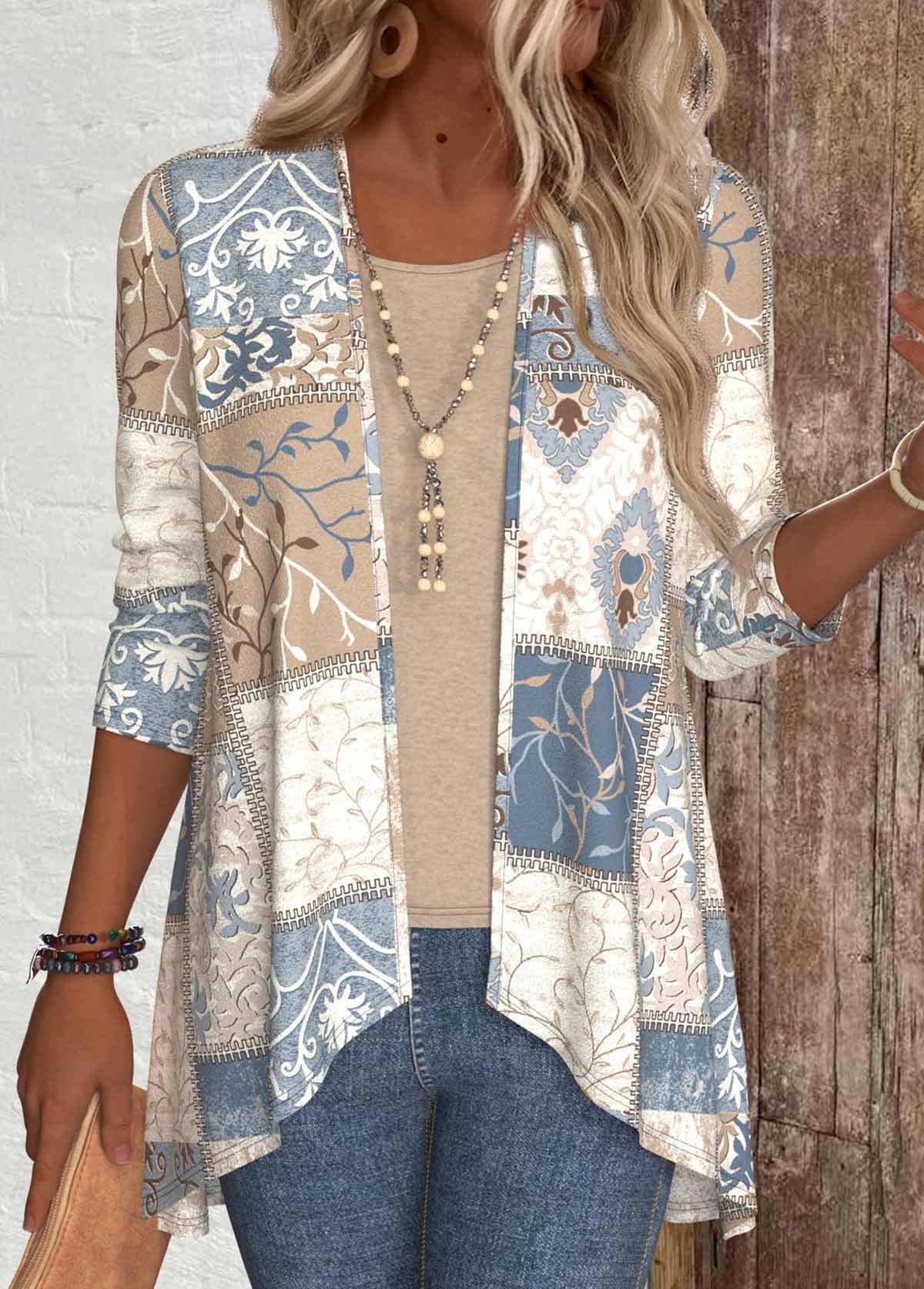 Modlily Patchwork Geometric Print Long Sleeve Light Cardigan - S