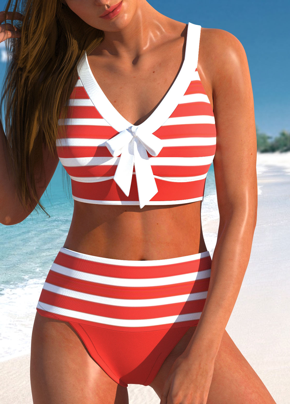Modlily Patchwork High Waisted Striped Coral Bikini Set - XXL