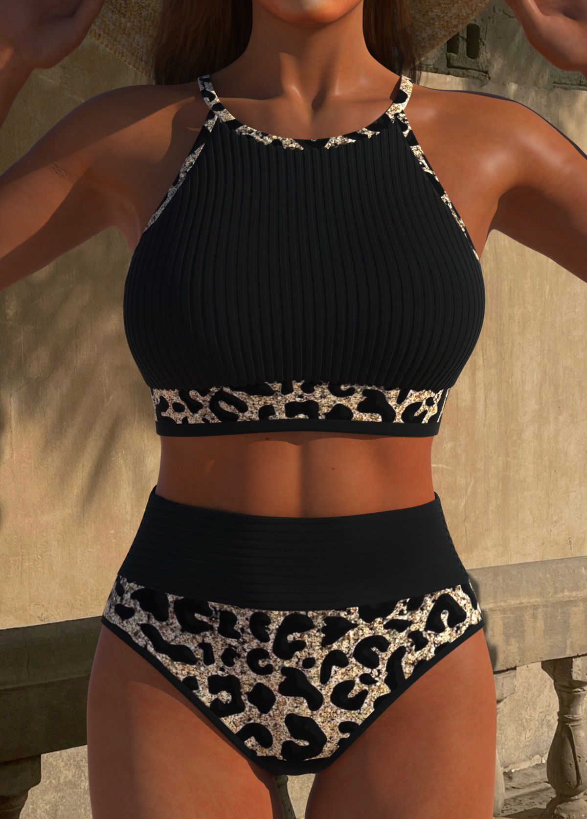 Modlily Patchwork Leopard Black High Waisted Bikini Set - XS
