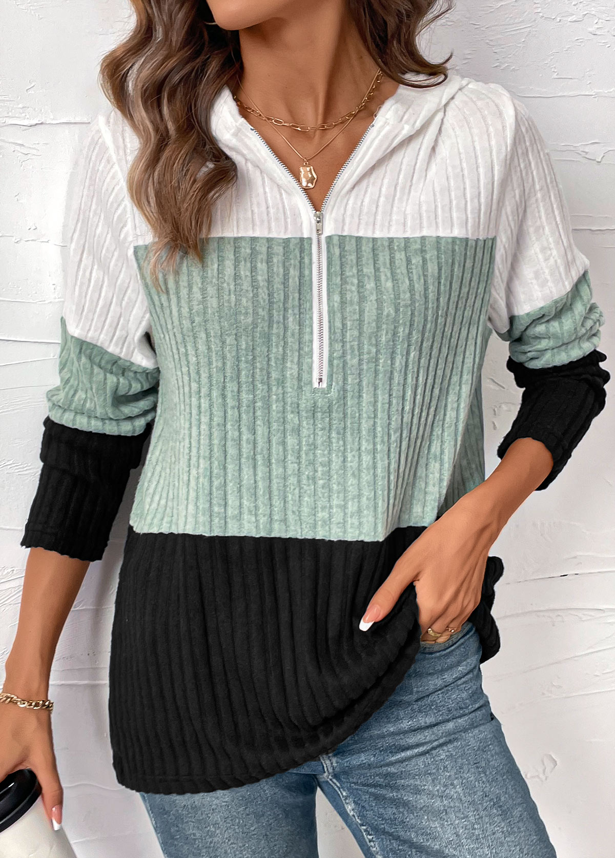 Modlily Patchwork Long Sleeve Contrast Color Hoodie - S
