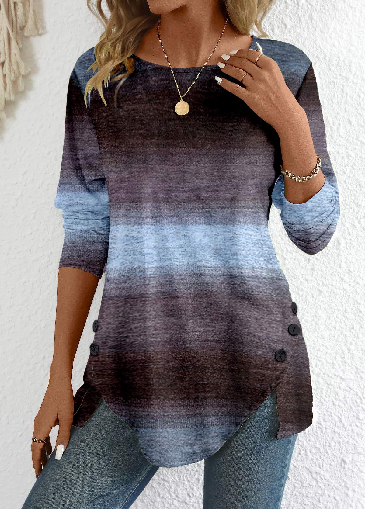 Modlily Patchwork Ombre Long Sleeve Round Neck T Shirt - L
