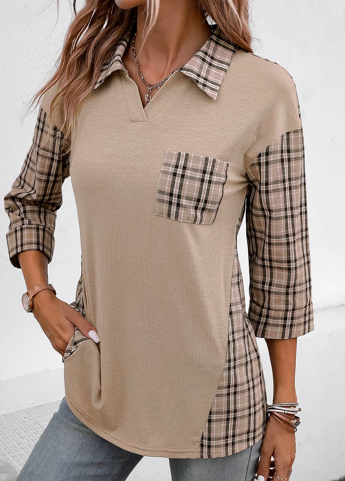 Modlily Patchwork Plaid Three Quarter Length Sleeve Blouse - XL
