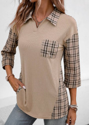 Modlily Patchwork Plaid Three Quarter Length Sleeve Blouse - XL