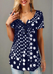 Modlily Patchwork Polka Dot Short Sleeve Split Neck Blouse - S