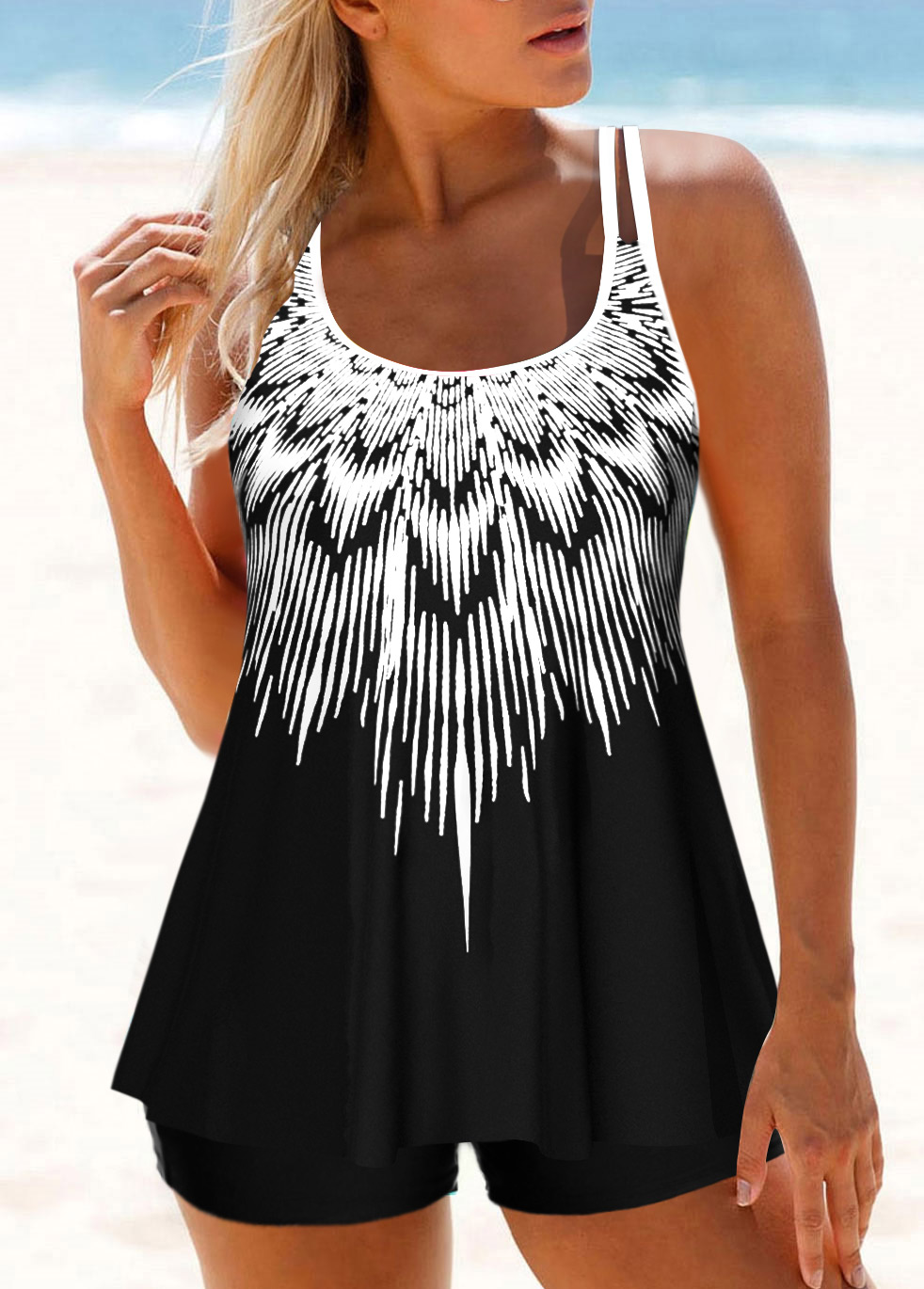 Modlily Patchwork Tribal Print Black Tankini Top - S