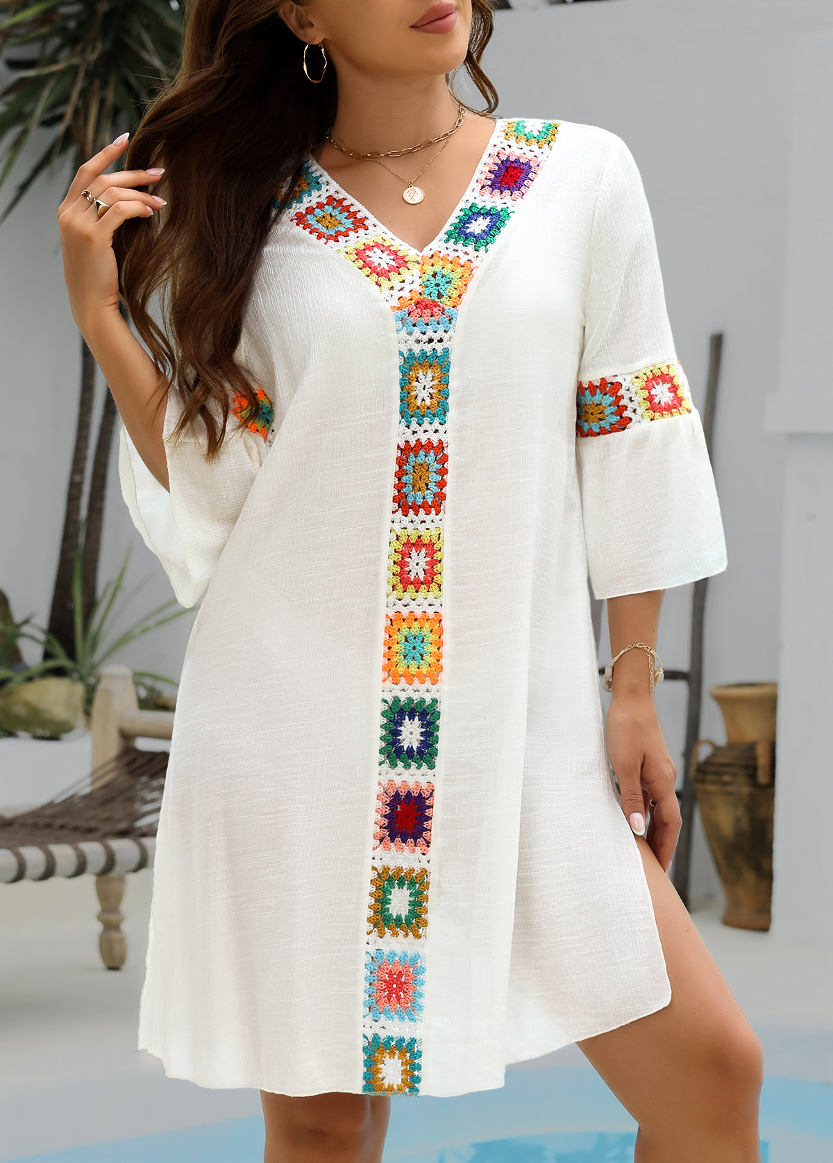 Modlily Patchwork White V Neck Cover Up - S