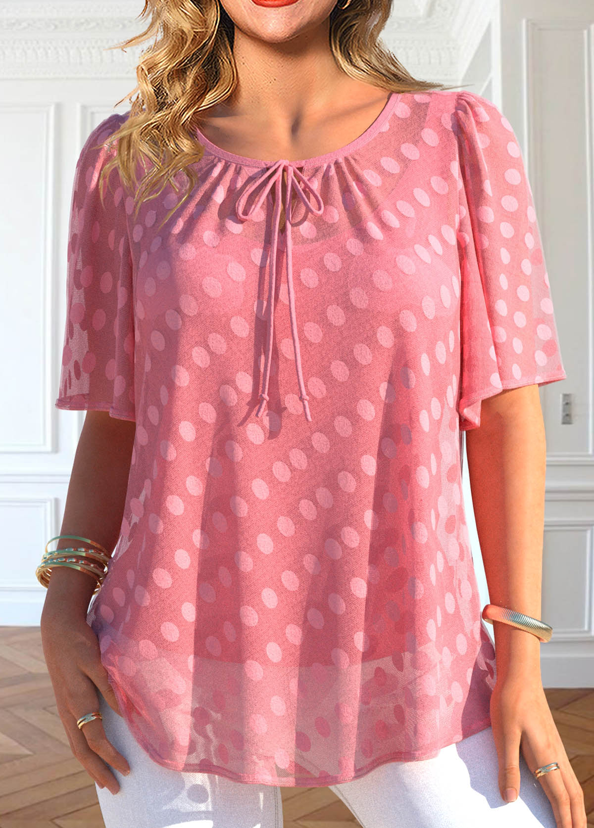 Modlily Peach Red Layered Short Sleeve Round Neck Blouse - M