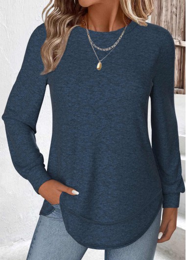 Modlily Peacock Blue Curved Hem Long Sleeve T Shirt - S