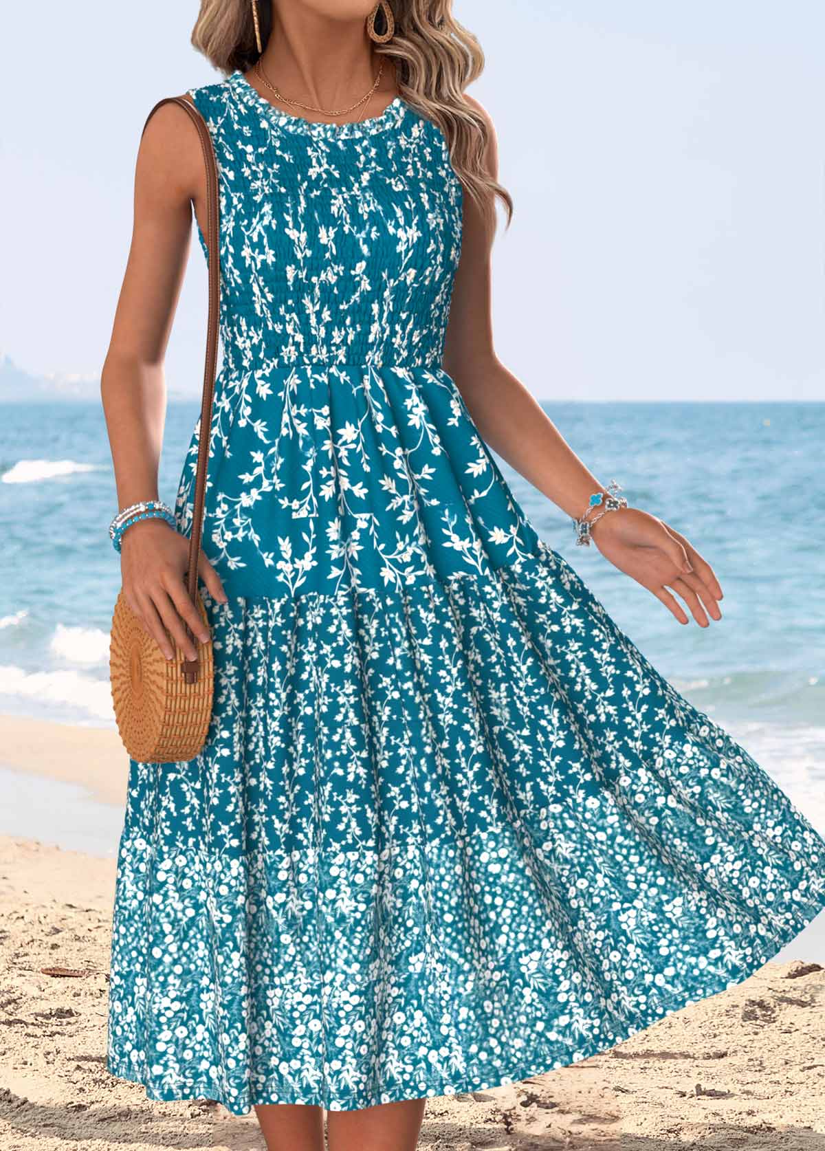 Modlily Peacock Blue Ditsy Floral Print Tummy Coverage Sleeveless Dress - S