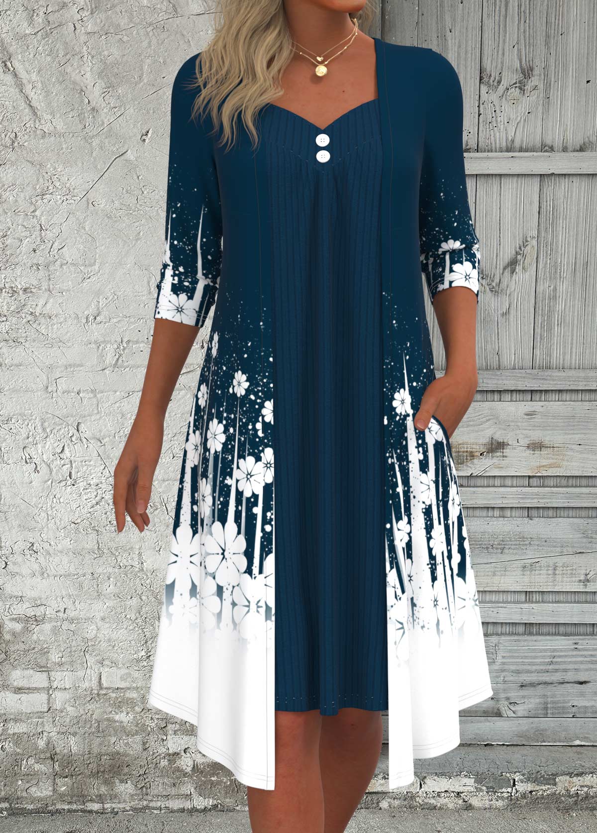 Modlily Peacock Blue Fake 2in1 Floral Print A Line Dress - S