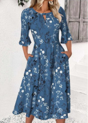 Modlily Peacock Blue Floral Print 3/4 Sleeve Round Neck Dress - M