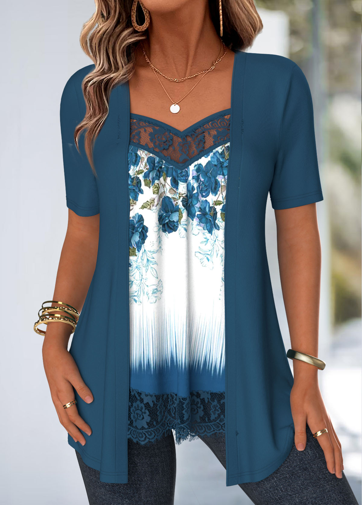 Modlily Peacock Blue Lace Floral Print Fake Two Piece Twinset - S