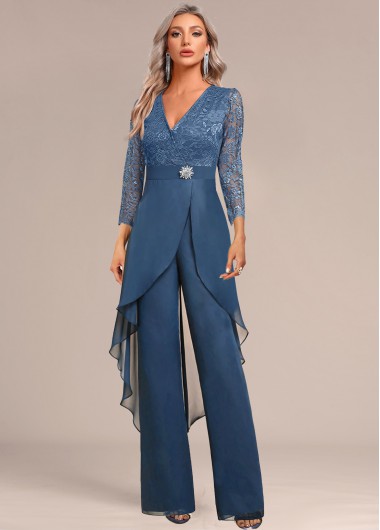 Modlily Peacock Blue Lace Long Three Quarter Length Sleeve Jumpsuit - XXL