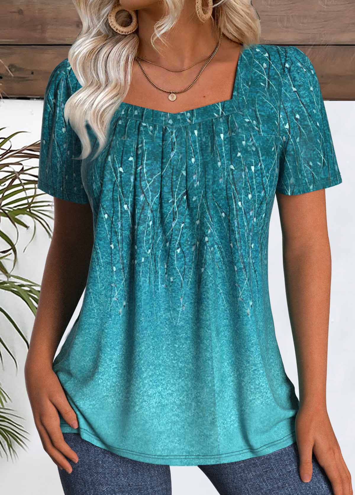Modlily Peacock Blue Leaf Print Short Sleeve T Shirt - S