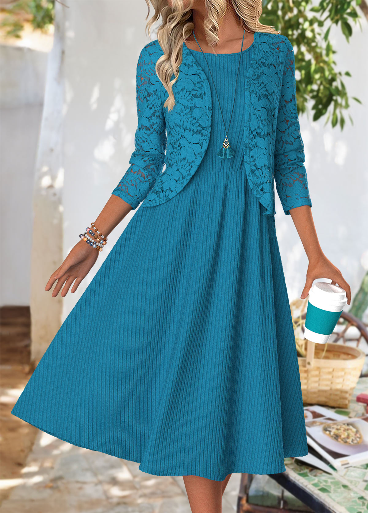 Modlily Peacock Blue Long Sleeve Round Neck Dress and Cardigan - S