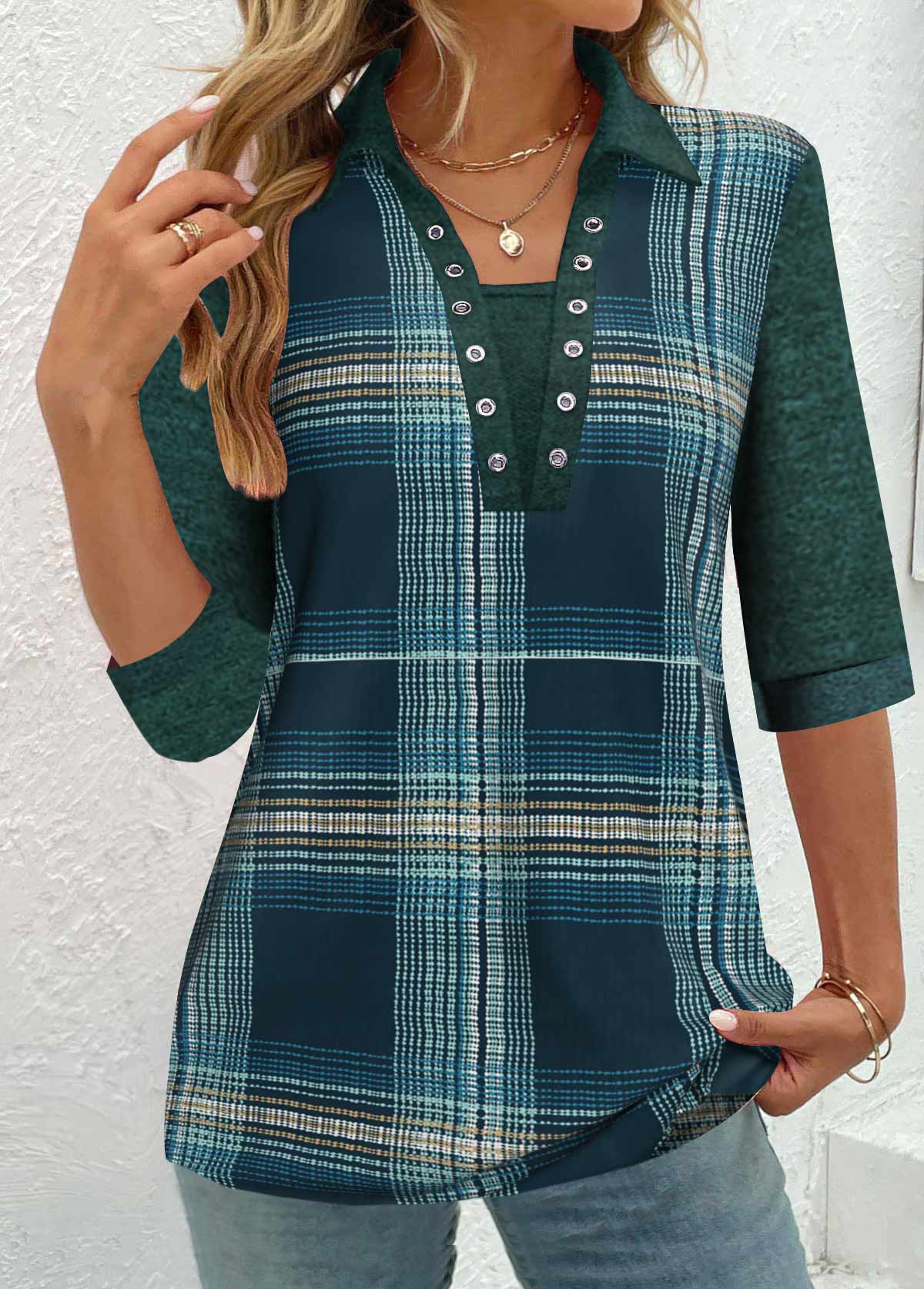 Modlily Peacock Blue Patchwork Plaid Half Sleeve Shirt Collar Blouse - L