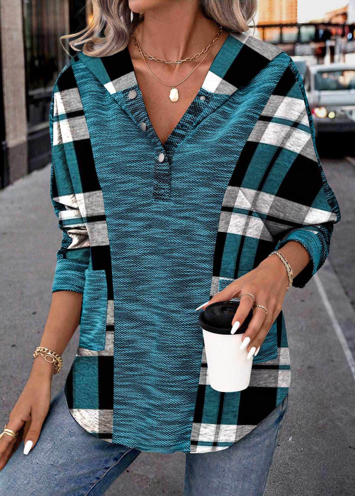 Modlily Peacock Blue Patchwork Plaid Long Sleeve Hoodie - L