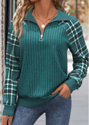 Modlily Peacock Blue Patchwork Plaid Long Sleeve Sweatshirt - M