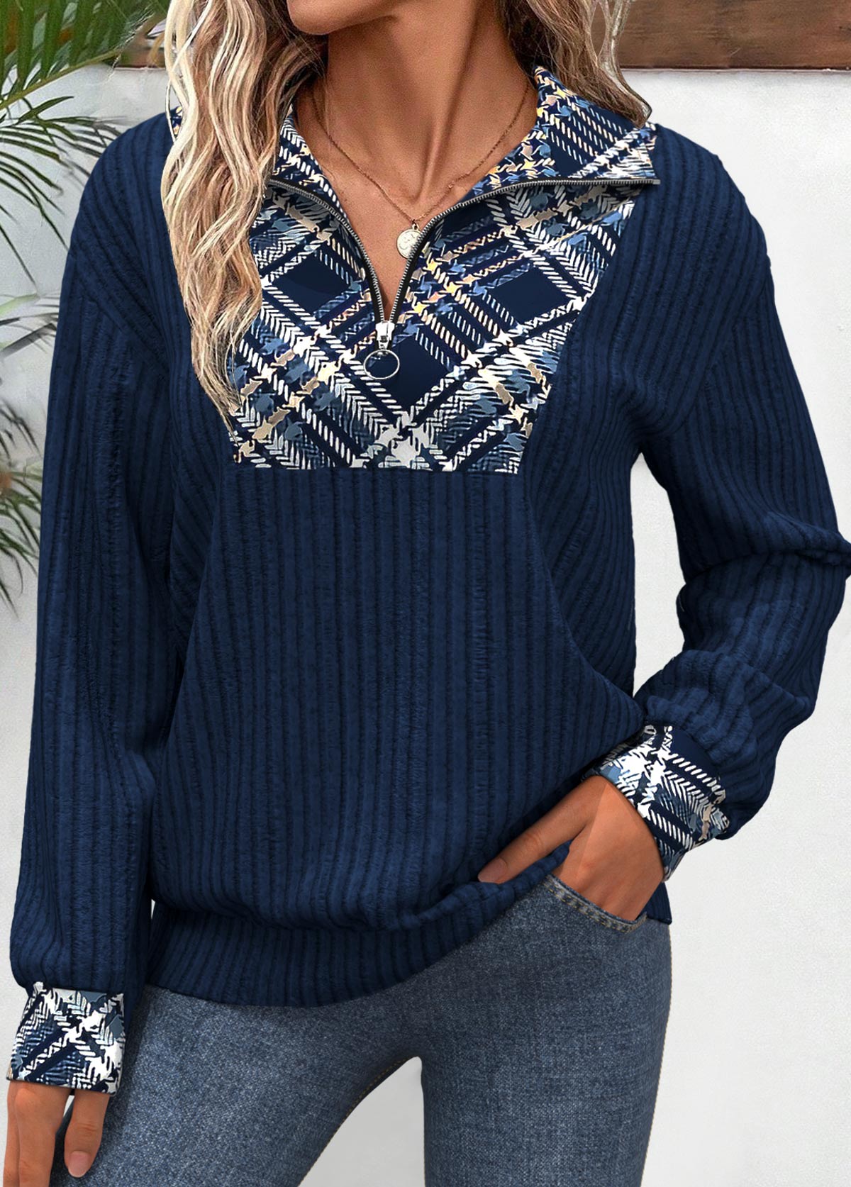 Modlily Peacock Blue Patchwork Plaid Long Sleeve Sweatshirt - S