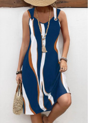 Modlily Peacock Blue Pocket Wave Pattern Print A Line Dress - XXL