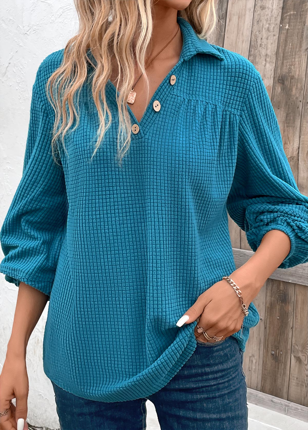 Modlily Peacock Blue Ruched Plus Size Long Sleeve Blouse - S