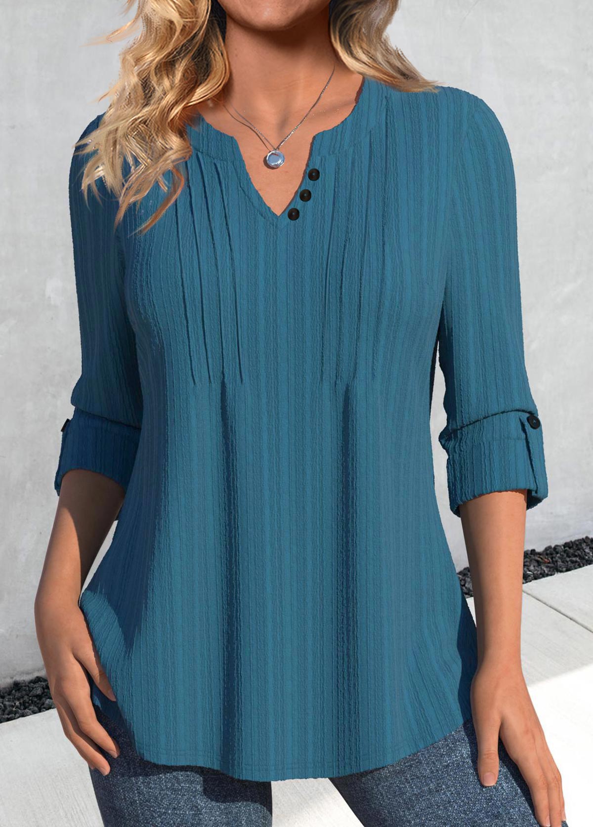 Modlily Peacock Blue Tuck Stitch Long Sleeve Split Neck Blouse - S