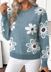 Modlily Peacock Blue Tummy Coverage Floral Print Long Sleeve Sweater - S