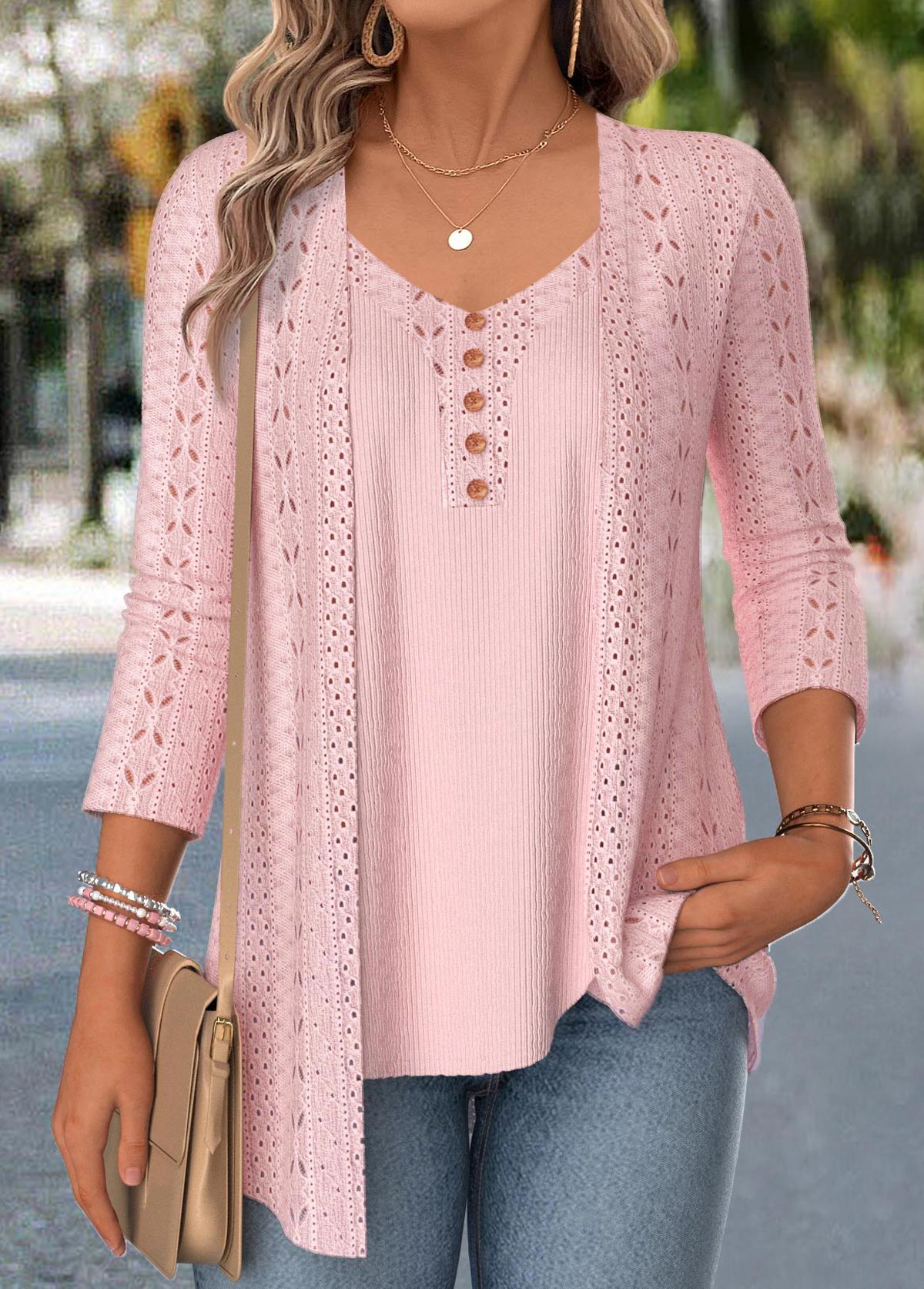 Modlily Pink 3/4 Sleeve Fake Two Piece Twinset - M