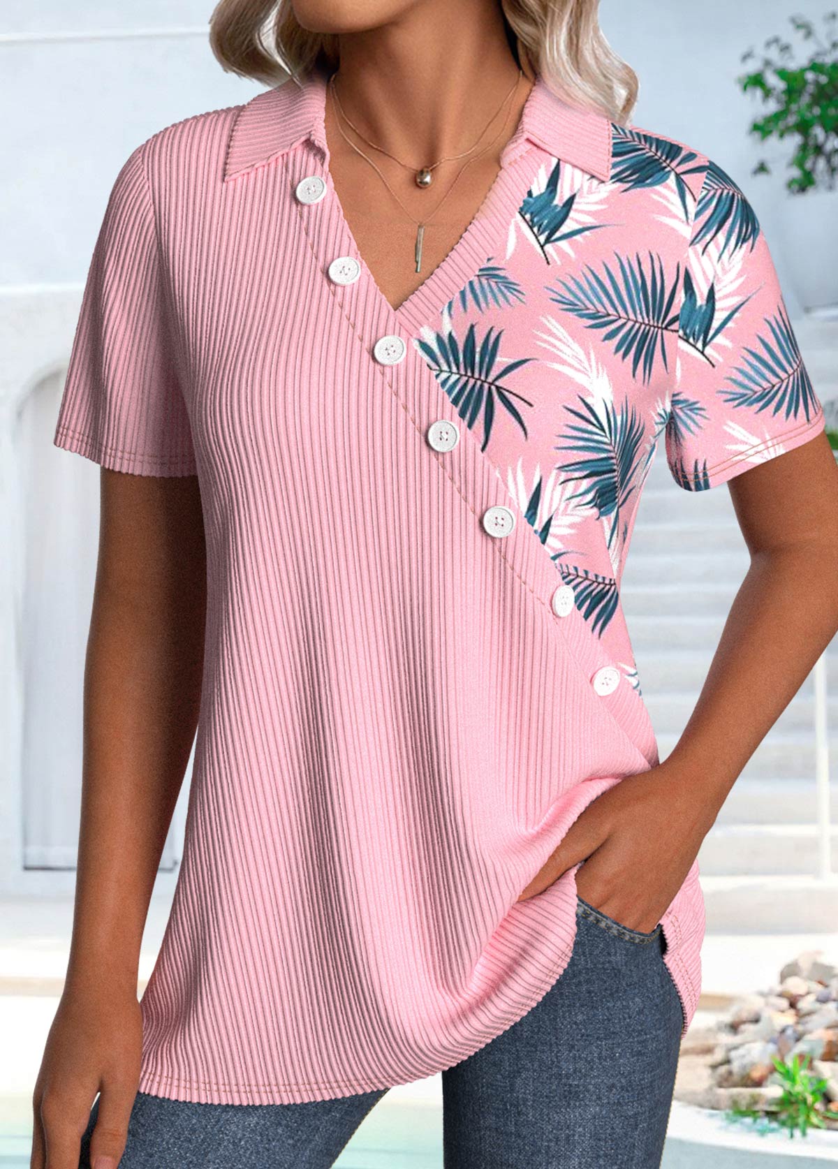 Modlily Pink Asymmetry Leaf Print Short Sleeve Shirt - S