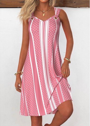 Modlily Pink Breathable Striped A Line Sleeveless V Neck Dress - M