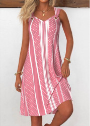 Modlily Pink Breathable Striped A Line Sleeveless V Neck Dress - M
