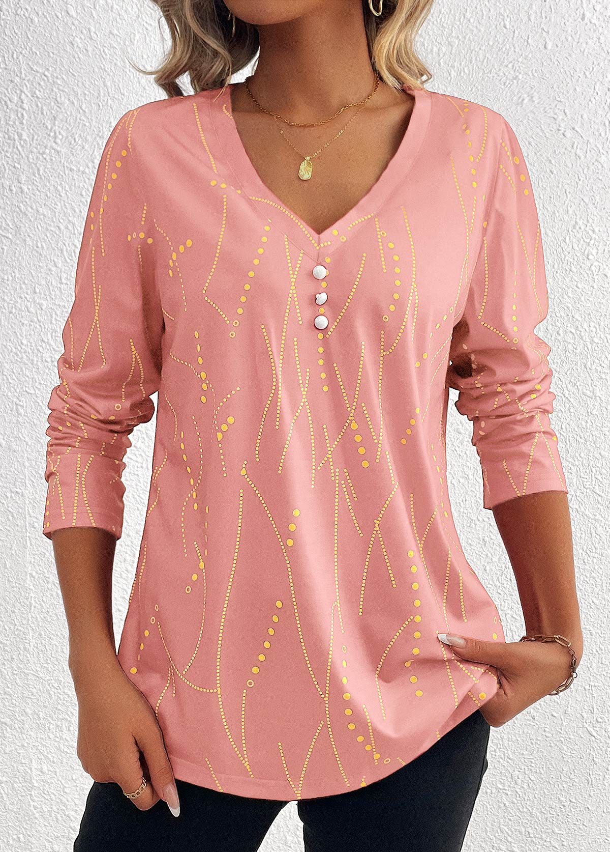 Modlily Pink Button Geometric Long Sleeve Dusty Pink T Shirt - M