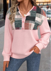 Modlily Pink Button Geometric Print Long Sleeve Sweatshirt - M